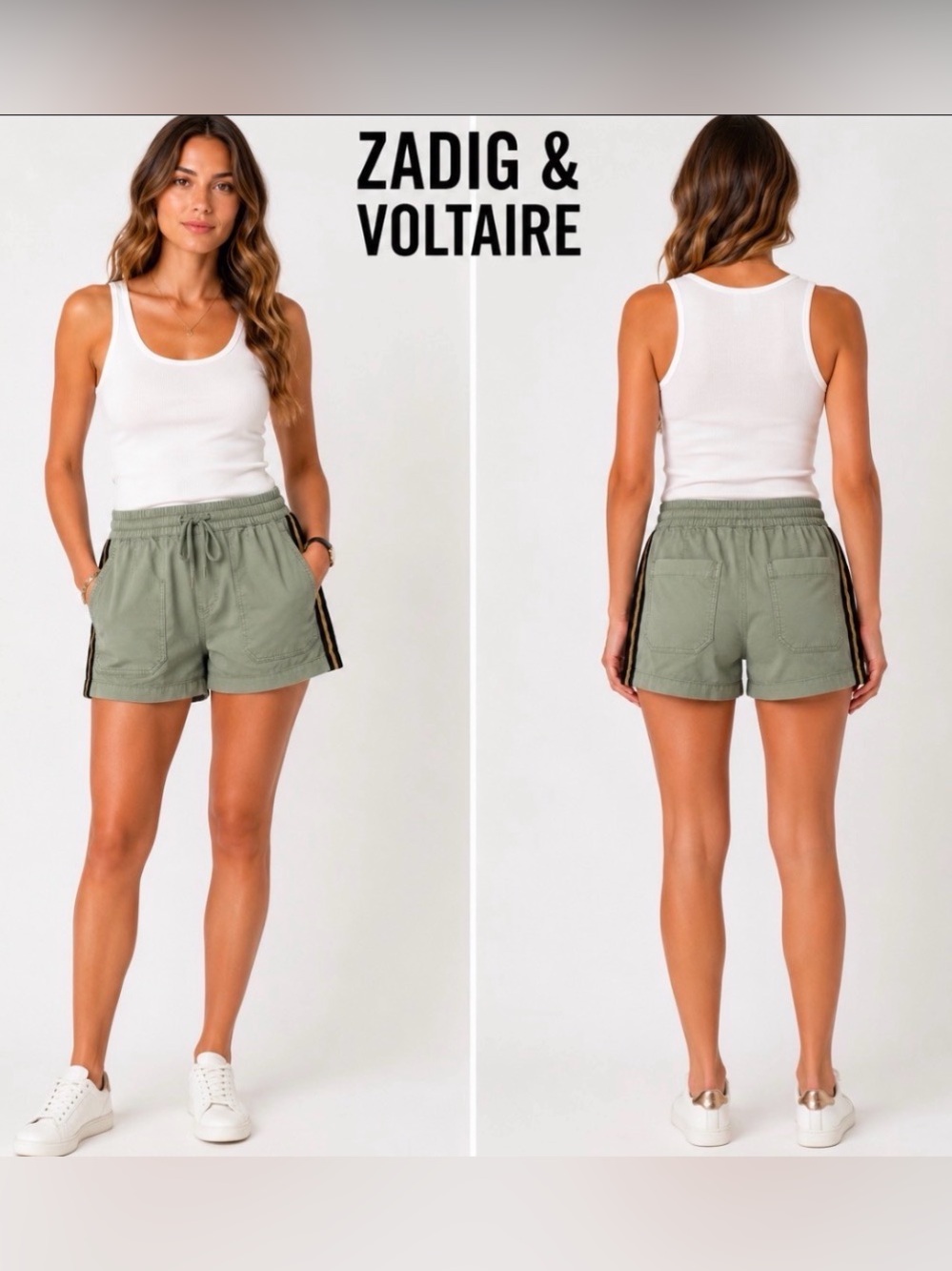 Zadig & Voltaire Sage Green Shorts EU 38 US 6 Black Gold Stripe Utility Cotton
